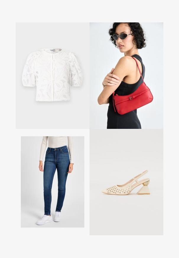Blusa branca de renda com decote redondo, mangas curtas bufantes e padrão floral. Apresenta fecho de botão e tecido transparente.; Jeans skinny de cintura alta, de cor azul escuro, em denim com uma textura suave, apresentando um design de cinco bolsos e uma costura de contraste subtil.; Sapato slingback bege com parte superior perfurada, bico apontado e um salto triangular contrastante com um detalhe em dourado. Textura suave no geral.; Bolsa de ombro em couro vermelho com uma textura suave, design curvado e um acento decorativo com fivela. Alça ajustável e fecho com zip.