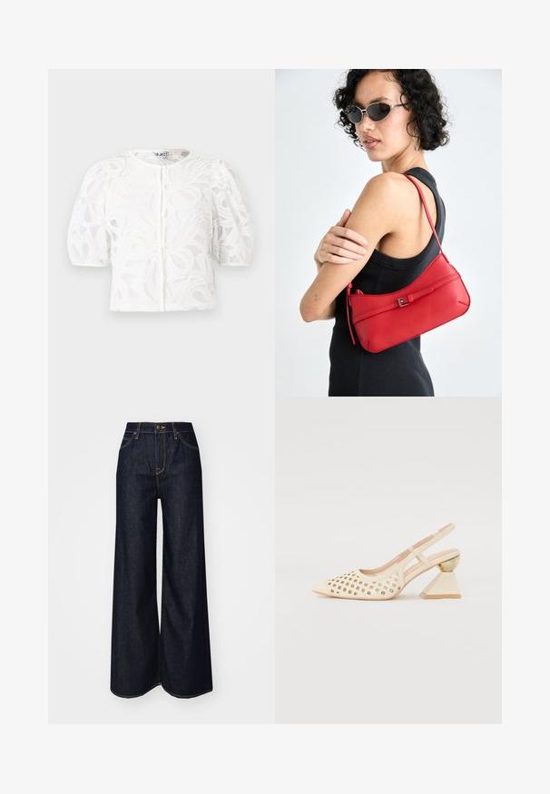 Blusa blanca de encaje con cuello redondo, mangas cortas abullonadas y patrón floral. Cuenta con cierre de botones y tela transparente.; Lee STELLA - Vaqueros boyfriend - dark beat; Zapato slingback beige con parte superior perforada, punta afilada y un tacón triangular en contraste que presenta un acento dorado. Textura lisa en general.; Bolso de hombro de cuero rojo con una textura suave, diseño curvado y un accesorio de hebilla decorativa. Correa ajustable y cierre de cremallera.