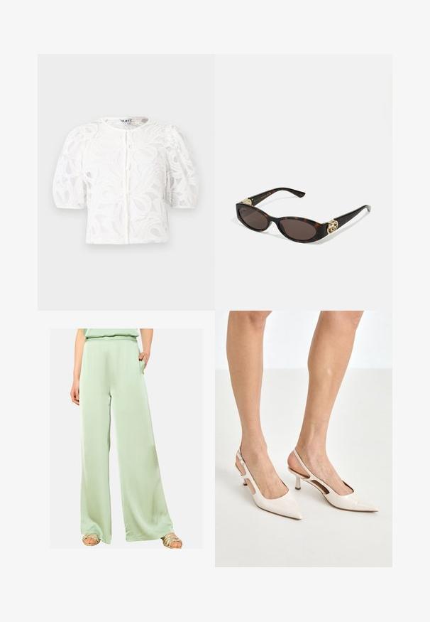 Bela čipkasta bluzica z okroglo izrezom, napihnjenimi kratkimi rokavi in cvetličnim vzorcem. Ima gumbno zapiranje in prosojno tkanino.; LolaLiza Hlače - mint green; Bež lakirane usnjene čevlje na peto s koničastim nosom in 5 cm visokim peto, ki imata izrezane stranice in tanko zanko okoli gležnja.; Kornjačaste sunčane naočale s izduženim ovalnim lećama, smeškim tonovima, zlatnim logotipom na drškama i elegantnim crnim rukohvatima.; Bela cvetlična torbica z nabranim tekstilom, zlato obarvana veriga za nošenje in kovinski ključ. Ima strukturirane cvetne liste za dodano podrobnost.; Lauren Ralph Lauren COLLAR - Verižica - gold-coloured/white