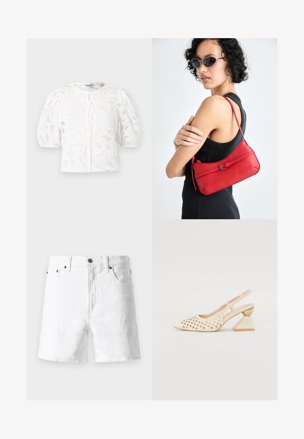 White lace blouse with a round neckline, puffed short sleeves, and floral pattern. Features button closure and sheer fabric.; White denim shorts with a classic design, five pocket style, copper button accents, and a slightly textured fabric finish.; Beige slingback shoe with perforated upper, pointed toe, and a contrasting triangular heel featuring a gold accent. Smooth texture overall.; Red leather shoulder bag with a smooth texture, curved design, and a decorative buckle accent. Adjustable strap and zip closure.