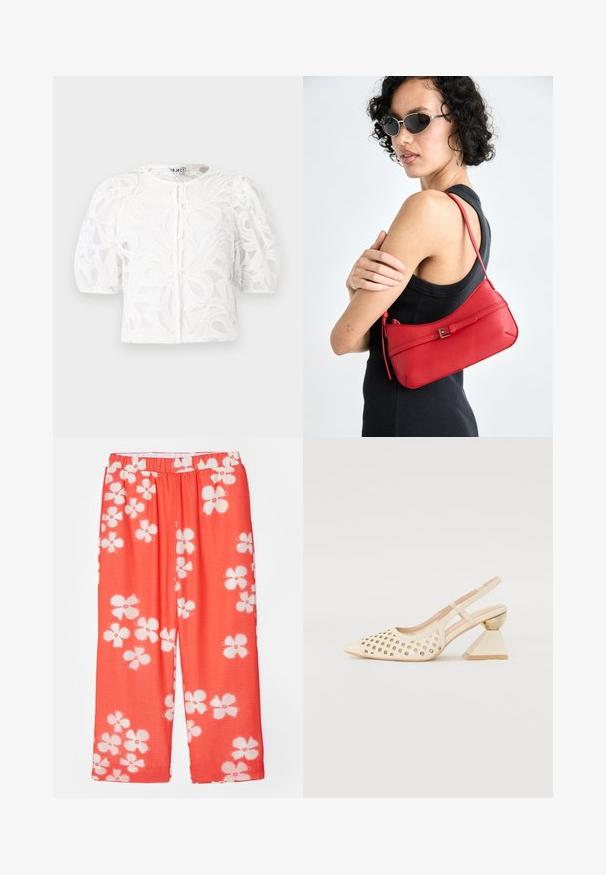 Balta nėriniuota blausda su apvaliu kaklu, pūstomis trumpomis rankovėmis ir gėlių raštu. Yra mygtukų užsegimas ir pralaidus audinys.; Raudoni gėlėti keliaraiščiai, pagaminti iš lengvos, tekstūruotos medžiagos. Siūlomas elastinis juosmuo ir platus, tiesus kirpimas.; Bežinės slingback bateliai su perforuotu viršumi, smailiu nosiu ir kontrastinga trikampio formos pakulne, papuošta aukso akcentu. Apskritai sklandus paviršius.; Raudona odinė petinė rankinė su lygia tekstūra, išlenktu dizainu ir dekoratyvine sagtimi. Reguliuojama petneša ir užtrauktukas.