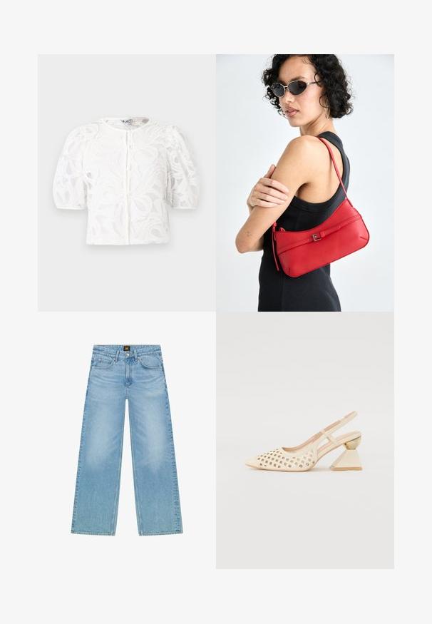 Hvit bluse i blonder med rund hals, puffer korte ermer og blomsterdesign. Har knapplukking og gjennomsiktig stoff.; Lyseblå, vide jeans laget av denim. Har et klassisk fem-lommersdesign og en subtil falmet tekstur. Knappe- og glidelås-stengning.; Beige slingback sko med perforert overdel, spiss tå og en kontrasterende trekantet hæl med gullakksent. Generelt glatt tekstur.; Rød lær skulderveske med en glatt tekstur, buet design og en dekorativ spenne. Justerbar stropp og glidelås-lukking.