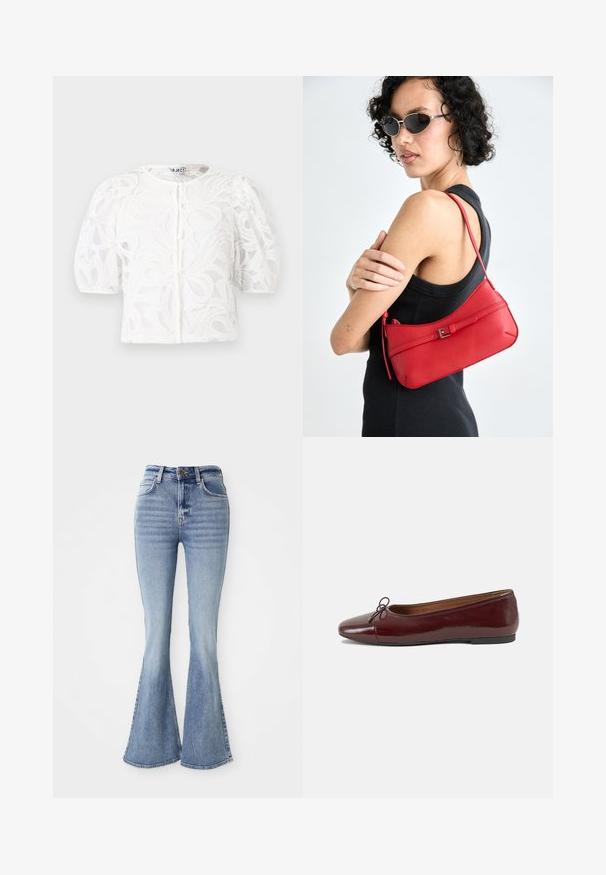 Bijela čipkana bluzica s okruglim izrezom, nabranim kratkim rukavima i cvjetnim uzorkom. Ima kopčanje na gumb i prozirnu tkaninu.; Svijetloplavi traperice visokog struka s flare nogavicama, prednjim gumbom i džepovima, prikazane na bijeloj pozadini.; Burgundska lakirana balerinka s zaobljenim vrhom, malim mašnom sprijeda i niskom, crnom gumenom potplatu. Glatka tekstura.; Crvena kožna torba preko ramena s glatkom teksturom, zakrivljenim dizajnom i dekorativnom kopčom. Podesivi remen i zatvaranje na patentni zatvarač.