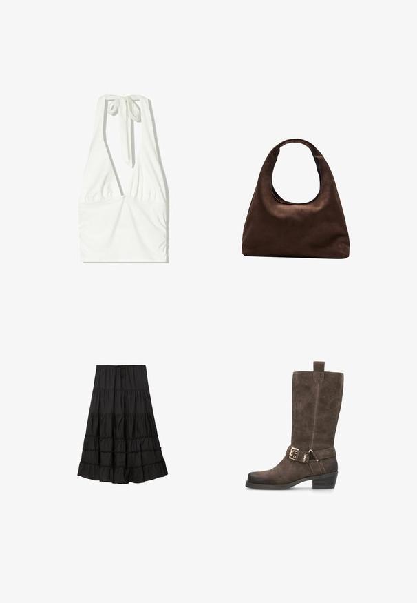Haut à bretelles blanc avec un décolleté en V profond, un devant froncé et un lien ajustable au cou. Fabriqué en tissu doux et texturé.; Jupe noire en couches faite d'un tissu léger, dotée d'une taille à cordon de serrage, de bords volantés et d'une silhouette fluide.; Botte en suède marron jusqu'au genou avec un bout carré, un talon discret et une sangle en cuir ornée d'une boucle dorée.; Sac à main en toile marron doux de style hobo avec une large sangle unique et une ouverture en haut arrondie, présenté sur un fond blanc.