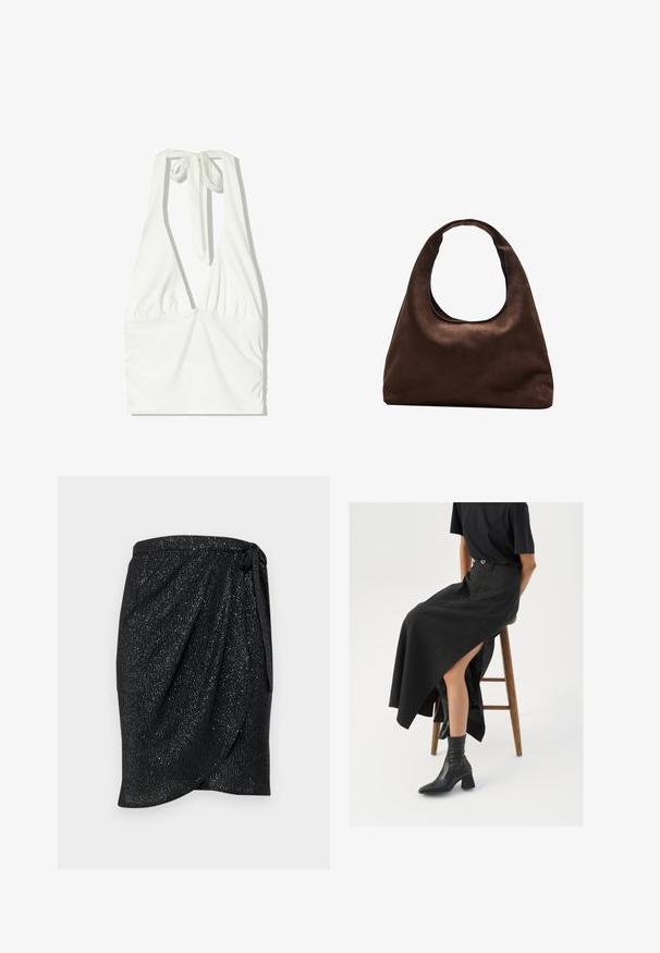 Top bianco con spalline a halter, scollatura a V profonda, fronte arricciato e laccio regolabile al collo. Realizzato in un morbido tessuto testurizzato.; Gonna nera avvolgente con una finitura testurizzata e scintillante. Presenta un nodo in vita e un design drappeggiato per una silhouette slanciata.; Gonna maxi in lino nera con uno spacco alto, indossata con una t-shirt nera e stivaletti neri. Design minimalista con una vestibilità rilassata.; Borsa hobo di un morbido marrone con una sola tracolla larga e un'apertura a manico curvo, esposta su uno sfondo bianco.