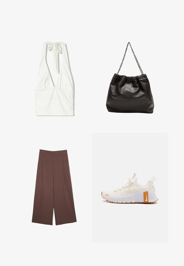 Valkoinen halterneck-top, jossa on syvä V-pääntie, poimutettu etuosa ja säädettävä solki kaulassa. Valmistettu pehmeästä, teksturoidusta kankaasta.; Ruskeat leveälahkeiset housut, joissa on sileä pinta, korkea vyötärö ja etupleat. Kangas on kevyttä ja laskeutuu väljänä.; Valkoiset urheilukengät, joissa on teksturoitu kangas päällinen ja oranssit yksityiskohdat. Ominaisuuksia ovat paksu valkoinen pohja, jossa on kuminen pito ja huomattava brändäys.; Ruskea nahkainen laukku, jossa on kerätty yläosa ja ketjuhihna. Tasainen pinta, jossa kiiltävä viimeistely ja hienovaraiset sauman yksityiskohdat sivuilla.