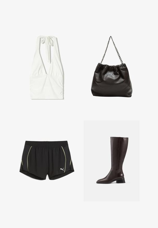 Valkoinen halterneck-top, jossa on syvä V-pääntie, poimutettu etuosa ja säädettävä solki kaulassa. Valmistettu pehmeästä, teksturoidusta kankaasta.; Mustat urheilushortsit, jotka on valmistettu kevyestä materiaalista, ja niissä on keltaiset sivuakkentit ja joustava vyötärö. Logo sijoitettu vasempaan alakulmaan.; Knee-high ruskeat nahkasaappaat, joissa on sileä pinta, pyöreä kärki ja pinoontuva musta korko. Yksinkertainen muotoilu, jossa on vain vähän metalliosia.; Ruskea nahkainen laukku, jossa on kerätty yläosa ja ketjuhihna. Tasainen pinta, jossa kiiltävä viimeistely ja hienovaraiset sauman yksityiskohdat sivuilla.