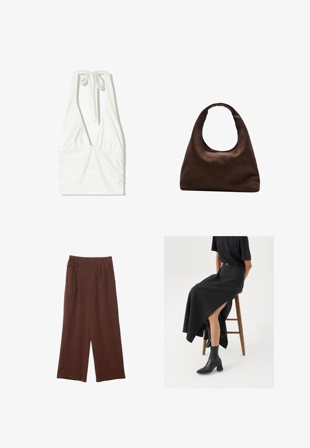 Bílý halter top s hlubokým V výstřihem, nařaseným předním dílem a nastavitelnou šňůrkou na krku. Vyrobeno z měkké, strukturované látky.; Hnědé široké nohavice s elastickým pasem, zdobené sklady a měkkou texturou, vyrobené z lehkého materiálu.; Černá maxi sukně z lnu s vysokým rozparkem, nošená s černým tričkem a černými kotníkovými botami. Minimalistický design s volným střihem.; Měkká hnědá kabelka ve stylu hobo s jedním širokým popruhem a zakřiveným horním otvorem, vystavená na bílém pozadí.