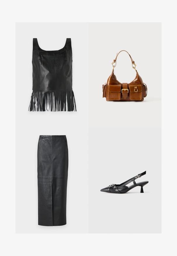 Melnas ādas bez piedurknēm topiņš ar kvadrātveida izgriezumu, ar garām frizūra detaļām apakšmalā un gludu tekstūru.; Melnas ādas vidusgaruma svārki ar gludu tekstūru, taisnu piegriezumu un diskrētām šuvju detaļām. Iekļauj kabatas un augsto jostas dizainu.; Melnas ādas šlipsveida kurpes ar norādītu purngalu, dekoratīvām joslām ar metāla acīm un zemu bloku papēdi. Teksturēta virsma.; Brūna ādas rokassoma ar izliekta formu, diviem zelta toniem, divām priekšējām kabatām un platu siksnu. Gluda tekstūra ar elegantu apdari.