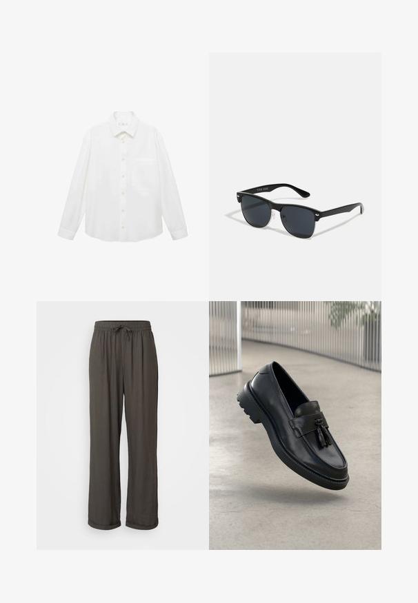 Mango ANTARES - Hemd - white; Dunkelgraue weit geschnittene Hose mit einem Zugbandsaum, gefertigt aus einem weichen, strukturierten Stoff, mit umgeschlagenen Bündchen an den Knöcheln.; Schwarze Leder-Loafer mit glatter Oberfläche, dekorativem Quasten, dicker Gummisohle und abgesteppten Akzenten. Leichtes und schlankes Design.; Schwarze Sonnenbrille mit rechteckiger Form, dunklen Gläsern, silbernen Akzenten an den Bügeln und mattierter Oberfläche des Rahmens.