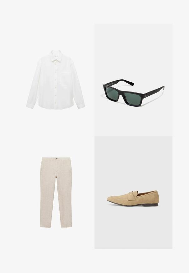 Mango ANTARES - Shirt - white; Beige linen trousers with straight legs, a front button closure, and two side pockets. Textured fabric with a subtle weave pattern.; Suede loafers in beige with a slight shine, featuring a rounded toe, slip-on design, and a low brown heel. Subtle stitching detail.; Black rectangular sunglasses with green lenses, featuring a matte finish, straight temples, and the Ray-Ban logo on the side.