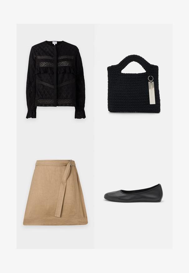 Schwarze Bluse mit rundem Kragen, ausgestattet mit durchsichtigen Spitzenpaneelen, Rüschendetails und strukturierten Mustern. Lange Ärmel mit elastischen Bündchen.; Beige Leinenwickelrock mit leicht A-Linien-Form, seitlichem Bindeband und Schnallen-Detail, glatter Textur und sauberem Saum.; Schwarze Leder-Ballettschuhe mit abgerundeter Spitze, glatter Textur, minimalen Nähdetails und einem flexiblen Sohlen-Design.; Won Hundred MARSIELLE COMPUTER BAG UNISEX - Notebooktasche - black