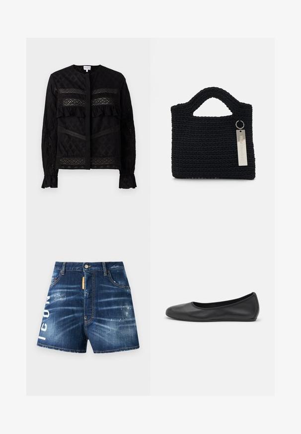 Mustat pusero, jossa on pyöreä kaulus, läpinäkyvät pitsiosat, röyhelökoristeet ja tekstuuriset kuviot. Pitkät hihat, joissa on joustavat reunat.; Tummansiniset farkkushortsit, joissa on kulutettu pinta. Vasemmassa sääressä on valkoiset tekstit "ICON" ja vyötärön lähellä oranssi kangastunnus.; Musta nahkainen ballerina, jossa on pyöristetty kärki, sileä pinta, minimaalinen ommelkoristelu ja joustava pohjamuotoilu.; Won Hundred MARSIELLE COMPUTER BAG UNISEX - Tietokonelaukku - black