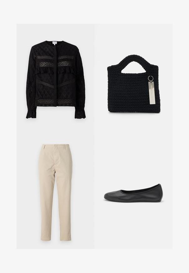 Črna bluzica z okroglo ovratnico, ki ima prosojne čipkaste panele, nagubane okraske in teksturirane vzorce. Dolgi rokavi z elastičnimi manšetami.; Bež bombažne hlače ravnega kroja, z zankami za pas in zadrgo. Tkanina ima gladko teksturo in nima vidnih vzorcev ali dodatkov.; Črne usnjene balerinke z zaobljenim nosom, gladko teksturo, minimalnimi šivi in fleksibilno zasnovo podplata.; Won Hundred MARSIELLE COMPUTER BAG UNISEX - Torba za prenosnik - black