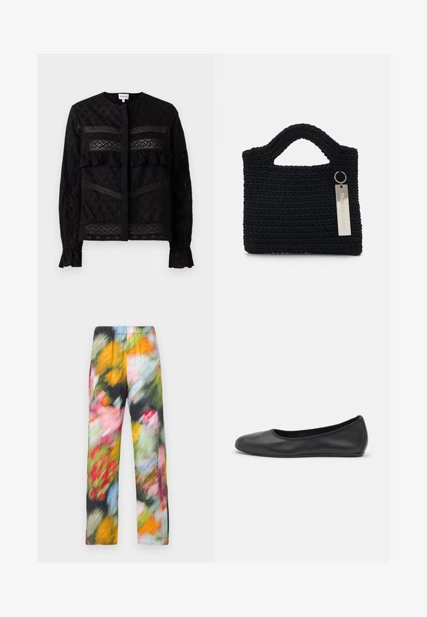 Blusa negra con cuello redondo, que presenta paneles de encaje transparente, acentos de volantes y patrones texturizados. Mangas largas con puños elásticos.; Pantalones ligeros con un estampado floral y cintura elástica, que presentan una mezcla de colores vibrantes como rosa, amarillo, verde y azul.; Bailarina de piel negra con punta redondeada, textura suave, detalle de costura minimalista y diseño de suela flexible.; Won Hundred MARSIELLE COMPUTER BAG UNISEX - Funda para portátil - black