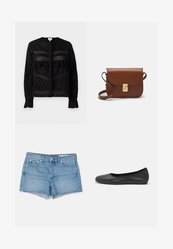 Melnā blūze ar apaļu apkakli, kurai ir caurspīdīgas mežģīņu paneļi, frill akcenti un teksturēti raksti. Garas piedurknes ar elastīgām aprocēm.; rag & bone Džinsa auduma šorti - light blue; Melna ādas baleta kurpe ar noapaļotu purngalu, gludu tekstūru, minimālu šuvju detalizāciju un elastīgu zoles dizainu.; Bordo ādas rokas soma ar atloku, zeltītām detaļām, plecu siksnu un gludu virsmu. Kompakta, taisnstūrveida forma.