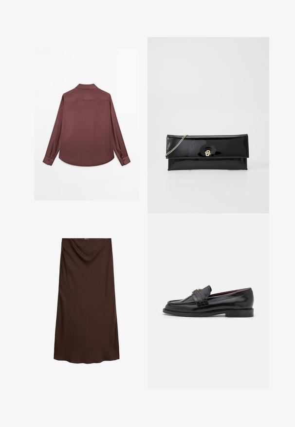 Langærmet skjorte i dyb burgundy stof. Har en klassisk krave, to-knaps manchetter og en buet kant. Glat tekstur, minimalistisk design.; Brun knælang nederdel lavet af glat stof med et draperet design ved taljen. Har en lige pasform og blød tekstur.; Sorte læder loafers med et stitched-mønster, glat tekstur, guldspænde detalje og en rund tå, sat på en lav sort sål.; Sort patentlæder clutch med en guldkædesnor, der har et enkelt flap-design og præget logo på forsiden. Glat, blank overflade.