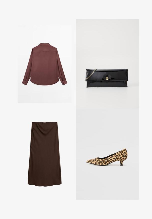 Langærmet skjorte i dyb burgundy stof. Har en klassisk krave, to-knaps manchetter og en buet kant. Glat tekstur, minimalistisk design.; Brun knælang nederdel lavet af glat stof med et draperet design ved taljen. Har en lige pasform og blød tekstur.; Marco Tozzi Pumps - beige; Sort patentlæder clutch med en guldkædesnor, der har et enkelt flap-design og præget logo på forsiden. Glat, blank overflade.