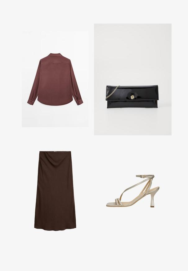 Košile s dlouhým rukávem v hluboké burgundské barvě. Obsahuje klasický límec, manžety na dva knoflíky a zaoblený lem. Hladká textura, minimalistický design.; Hnědá sukně ke kolenům vyrobená z hladké látky s drapovaným designem v pase. Má rovný střih a měkkou texturu.; Metalické zlaté sandály na vysokém podpatku se čtveratou špičkou, úzkým náramkem na kotníku a překříženými pásky na svršku. Hladká textura s elegantním designem.; Černá laková kabelka s řetízkovým popruhem ve zlaté barvě, s jednoduchým designem na klopu a s embosovaným logem na přední straně. Hladký, lesklý povrch.