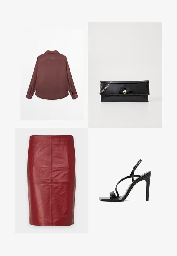 Chemise à manches longues en tissu bordeaux profond. Comprend un col classique, des poignets à deux boutons et un ourlet arrondi. Texture lisse, design minimaliste.; 2nd Day JAYAN - Jupe en cuir - biking red; Sandales à talons en cuir verni noir avec un bout carré, une fine bride à la cheville et des lanières croisées à l'avant, le tout reposant sur un talon aiguille haut.; Pochette en cuir verni noir avec une chaîne dorée, dotée d'un design simple à rabat et d'un logo embossé à l'avant. Finition lisse et brillante.