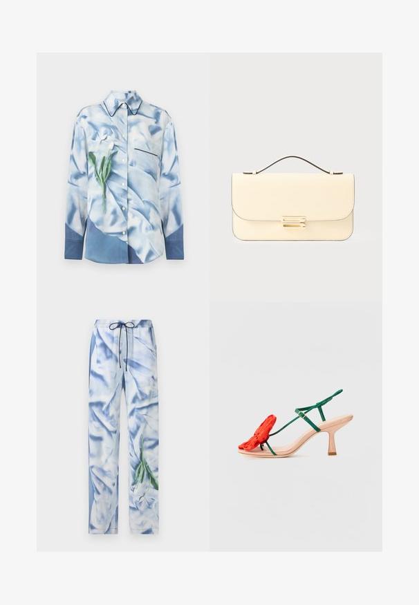Félcipzáras ing világoskék selyemből, virágmintás. Zsebbel, hegyes gallérral és kontrasztos fekete díszítéssel a zseb mentén.; Rugalmas derékpántú nadrág, sima, selyemfényű anyagból, világoskék színben, zöld levelek és fehér virágok virágmintázatával.; Loeffler Randall FRANK - Bokapántos szandálok - nude/green/red; Krém színű bőrtáska felső fogantyúval és aranyszínű téglalap alakú csattal, sima világos háttér előtt.