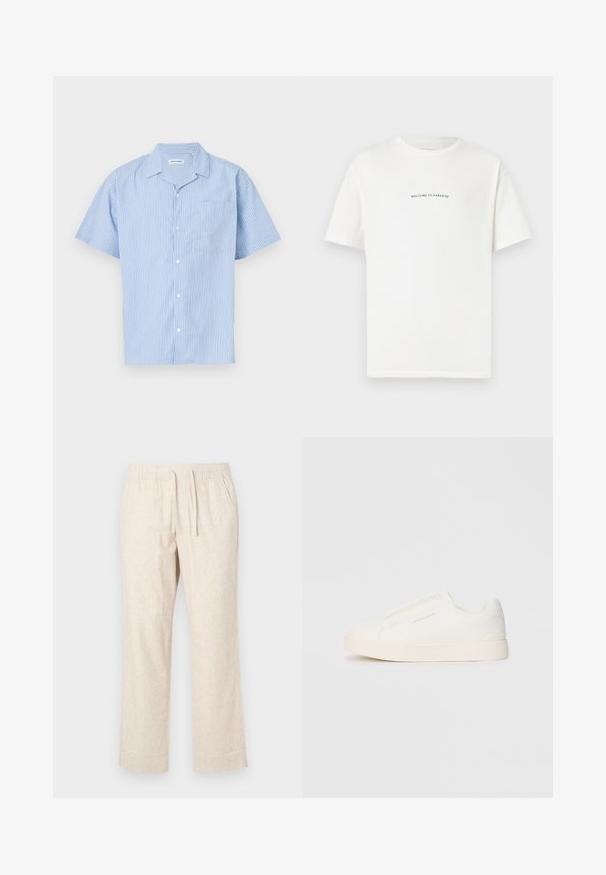 Šviesiai mėlynas trumpų rankovių marškinėlis su vertikaliomis baltomis juostelėmis. Turi apykaklę ir kairėje krūtinės pusėje kišenę. Minkšta audinio tekstūra.; Balta medvilninė marškinėliai trumpomis rankovėmis ir apvaliu iškirpimu. Viduryje esantis tekstas sako "SVEIKI ATVYKĘ Į PARADISĄ" kreiptu žaliu šriftu.; Šviesiai rudos lino kelnės su elastiniu juosmeniu ir raišteliu. Tiesaus kirpimo dizainas, lengvas audinys ir subtilus audimo raštas.; Baltos slip-on sportbačiai su tekstūruota paviršiumi, storesniu padu ir minimalistišku dizainu. Šone matosi prekės ženklo logotipas.