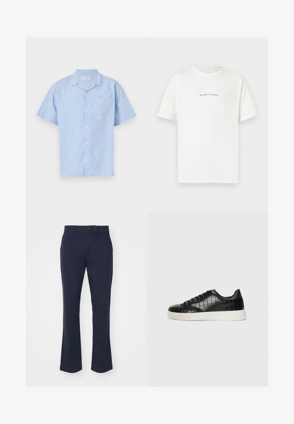 Korte mouwen overhemd met knopen in lichtblauw met verticale witte strepen. Heeft een kraag en een linkerkant borstzak. Zachte stofstructuur.; Witte katoenen t-shirt met korte mouwen en een ronde hals. In het midden staat de tekst "WELKOM BIJ HET PARADIJS" in een gebogen groene lettertype.; Marineblauwe broek gemaakt van een katoenmix, met een rechte pijpdesign, een standaard tailleband met knoopsluiting en zijzakken.; Zwarte sneakers met een gestructureerde leren bovenkant met krokodilpatroon, een ronde neus en een contrasterende witte rubberen zool met een gladde afwerking.