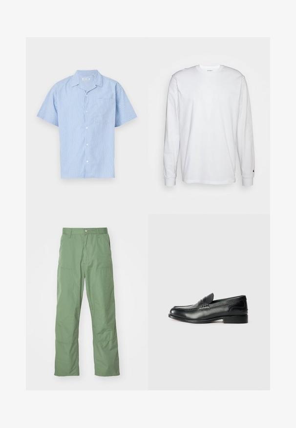Cămașă cu mânecă scurtă, cu nasturi, de culoare albastră deschisă, cu dungi verticale albe. Dispune de o guler și un buzunar pe pieptul stâng. Textură moale a materialului.; Tricou alb cu mâneci lungi, din bumbac. Design cu guler rotund, cu manșete ribbate și un logo mic pe mâneca stângă. Textură netedă.; Pantaloni de culoare verde deschis, cu o croială lejeră și o textură fină, dotati cu buzunare laterale și detalii de cusătură vizibile. Lungi până la gleznă, cu un design drept.; Mocasini negri din piele cu un finisaj neted, detalii cusute pe partea de sus și un toc ușor ridicat.