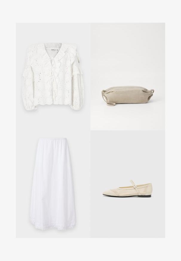 Vit blus i spets, med volangkrage och volangärmar. Har en knytning framtill och en strukturerad yta.; Vit bomullsskjorta med elastisk midja och spetstyg i nederkant, med en flödande knälång design.; Beige ballerinas med tåspets, en överlagring av nätdesign och en sidoband. Platt sula med en slät textur.; Marimekko KARLA - Axelremsväska - light grey