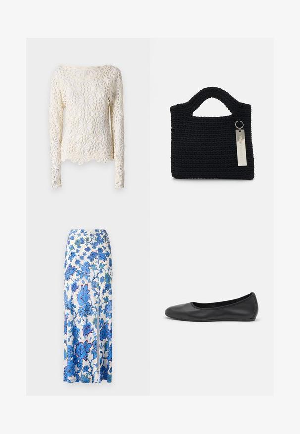 Norma Kamali Long sleeved top - cream; Maxi skirt in white fabric with blue floral pattern. Features a side slit and a smooth, lightweight texture.; Black leather ballet flat with a rounded toe, smooth texture, minimal stitching detail, and a flexible sole design.; Won Hundred MARSIELLE COMPUTER BAG UNISEX - Laptop bag - black