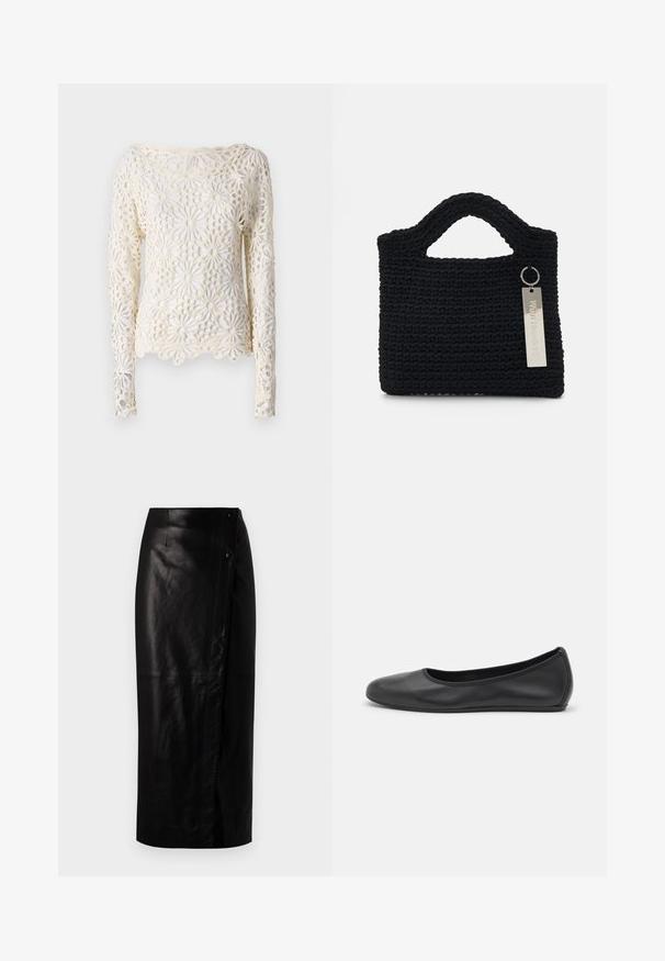 Norma Kamali Pitkähihainen paita - cream; Musta nahkainen midi-hame, jossa on kietaisumalli, sivupainonappi kiinnitys, sileä pinta ja suora siluetti.; Musta nahkainen ballerina, jossa on pyöristetty kärki, sileä pinta, minimaalinen ommelkoristelu ja joustava pohjamuotoilu.; Won Hundred MARSIELLE COMPUTER BAG UNISEX - Tietokonelaukku - black