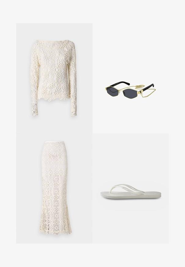 Norma Kamali Topper langermet - cream; Norma Kamali OBIE LONG SKIRT - Maxiskjørt - cream; Hvit flip-flop med teksturert såle, som har tynne stropper og flatt design. Laget av gummi med en subtil logo på fotbunnen.; Oktagonale solbriller med mørke linser, gyldne metalldetaljer og svarte plastarmer; inkluderer en avtakbar gullkjede.