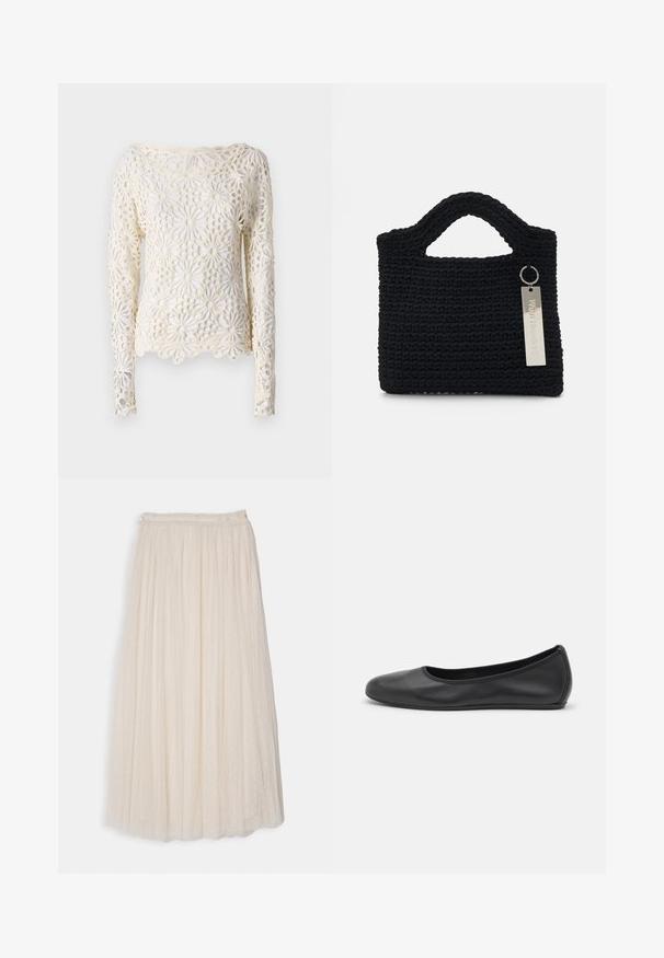 Norma Kamali Langarmshirt - cream; Needle & Thread KISSES ANKLE SKIRT - Maxirock - cream; Schwarze Leder-Ballettschuhe mit abgerundeter Spitze, glatter Textur, minimalen Nähdetails und einem flexiblen Sohlen-Design.; Won Hundred MARSIELLE COMPUTER BAG UNISEX - Notebooktasche - black