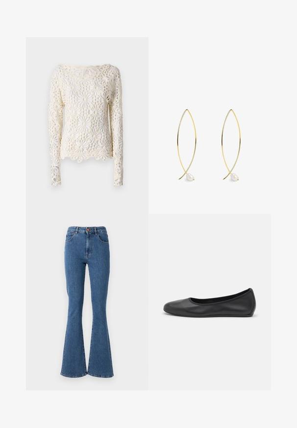 Norma Kamali Long sleeved top - cream; High-waisted blue denim jeans with a flared leg. Features five pockets and a front button closure. Stitching detail along seams.; Black leather ballet flat with a rounded toe, smooth texture, minimal stitching detail, and a flexible sole design.; Gold-colored metal earrings with a leaf-shaped design, featuring a metallic pearl accent at the bottom. Smooth texture and minimalist style.