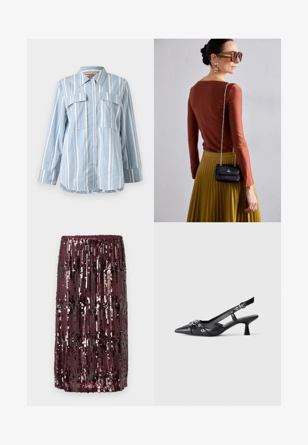 Šviesiai mėlynas marškinėlių palaidinė su baltais vertikaliais dryžiais, dviem priekinių kišenėmis ir ilgomis rankovėmis. Lygus audinys ir smailus apykaklė.; Bordo spindes su blizgučiais, turintis vertikalius blizgučių raštus, sukuriantis tekstūruotą paviršių, su prigludusia juosta ir iki kelių besidriekiančiu dizainu.; Juodas odinis slingback tipo batai su smailiu priekiniu atvartu, dekoratyvinėmis sagtimis su metaliniais akyčiais ir žemu blokiniu kulnu. Saldus paviršius.; Vivienne Westwood SMALL PURSE CHAIN - Rankinė per petį - black