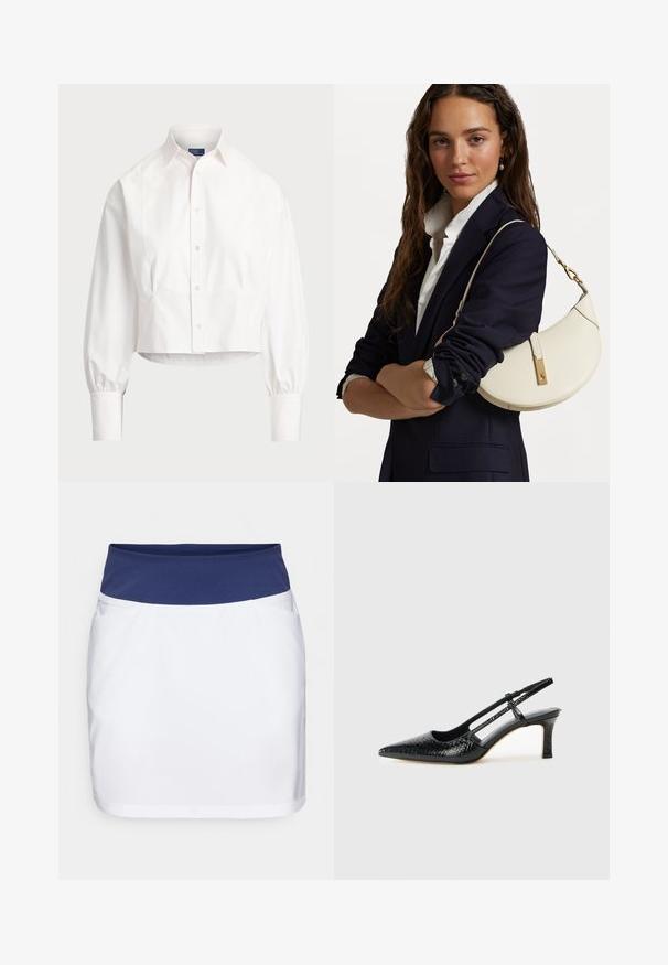 Valge lühikeste varrukatega nööpide jaotamise särk, mis on valmistatud puuvillast. Omab teravat krae, pikki puhvvarrukaid ja õrnalt kaarduvaid õmblusi. Klassikaline disain.; Valge seelik tumesinise elastse vöökohtaga, millel on sile tekstuur ja minimalistlik disain. Küljetaskud on seal.; Mustmust paelad, millel on terav varvas, tekstuuriga maduprindiga, reguleeritav rihm ja lühike tekstuuriga plokknina.; Valge nahast käekott kumerate kujunditega, kuldsete detailide ja tekstuuriga viimistlusega, kanda tumesinise bleiseri ja valge särgiga.