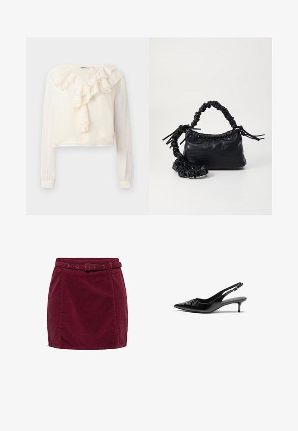 White long-sleeve blouse with a V-neck and ruffled front detail. Made of lightweight fabric, features a cropped design and soft texture.; Burgundy corduroy mini skirt with matching belt featuring a rectangular buckle and metal eyelets, front small slits on hem sides.; Black leather slingback heels with a pointed toe, low kitten heel, and gathered detail on the vamp. Smooth texture and minimalist design.; Black faux leather handbag with a crocodile texture, cinched top, and a scrunched strap. Appears soft and compact in design.