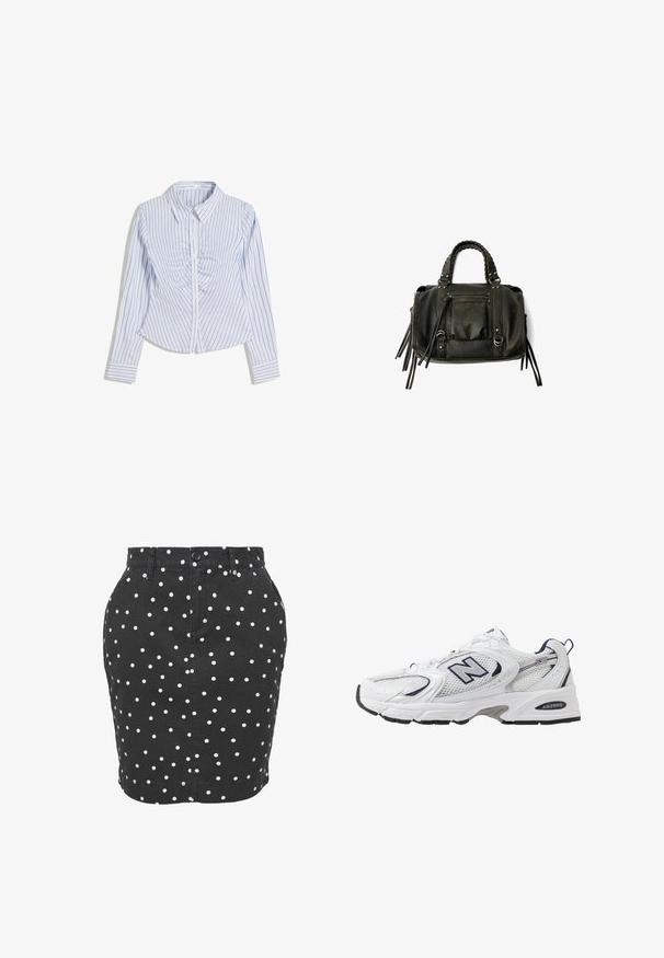 Hemden aus leichtem Stoff mit blauen und weißen vertikalen Streifen, strukturierter Kragen und gerafftem Detail in der Mitte vorne.; Schwarzer Denim-Rock mit weißen Pünktchen, taillierter Passform und einer Vorderknopfleiste sowie Taschen an den Seiten.; Weißer Sportschuh mit Mesh-Obermaterial, navyblauen Akzenten und gepolsterter Sohle. Verfügt über das "N"-Logo, Schnürsenkel und eine strukturierte Detailverarbeitung an der Seite.; Schwarze Lederhandtasche mit geflochtenen Griffen, Reißverschlussfach und hängenden Quasten. Strukturiert Oberfläche mit Metallnieten und Hardware-Akzenten.