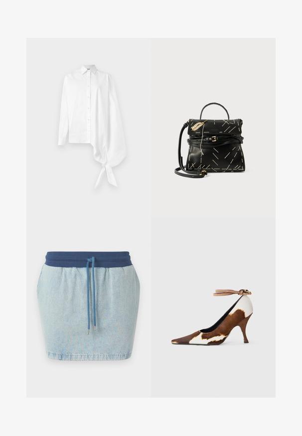 Fehér, hosszú ujjú gombos ing, aszimmetrikus, túlméretezett, ráncolt ujjal, amely a jobb oldalon a csuklónál van megkötve.; Világoskék farmer szoknya rugalmas sötétkék derékkal, húzózsinórral zárható és texturált anyagból készült. Zsebek nem láthatók.; Barna és fehér tehénmintás magassarkú cipő, hegyes orral, texturált felülettel és világosbarna csattal ellátott bokapánttal.; Fekete bőr kézitáska geometriai fehér varrással, felső fogantyúval és levehető vállpánttal. Arany kiegészítők és cipzáras záródás jellemzi.