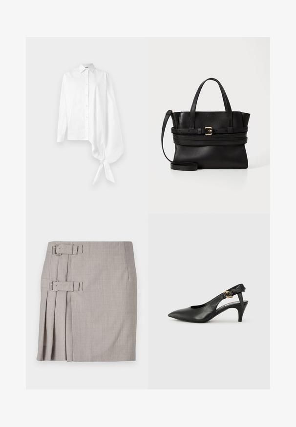 Fehér, hosszú ujjú gombos ing, aszimmetrikus, túlméretezett, ráncolt ujjal, amely a jobb oldalon a csuklónál van megkötve.; Szürke szoknya texturált anyagból, oldalsó pliszével és két csattal az állítható illeszkedés érdekében. Klasszikus egyenes fazon, térd fölé érő kialakítás.; Fekete bőr slingback szivattyú hegyes orral, kis sarokkal és csat részlettel a bokapánton. Simaság, minimalista dizájn.; Fekete bőr kézitáska strukturált dizájnnal, párhuzamos felső fogantyúkkal, levehető pánttal és arany csat díszítéssel egy vízszintes sávon.