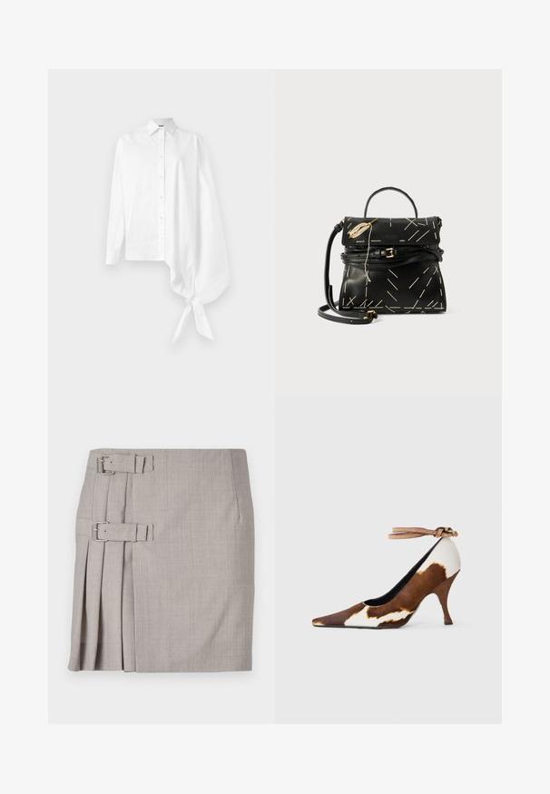 Λευκό πουκάμισο με μακριά μανίκια και κουμπιά, με ασύμμετρο oversized συγκεντρωμένο μανίκι που είναι δεμένο στον καρπό από τη δεξιά πλευρά.; Γκρι φούστα με υφή, πλαινά πτυχώσεις και δύο αξεσουάρ πόρπης για ρυθμιζόμενη εφαρμογή. Κλασική ίσια γραμμή, σχεδίαση μέχρι το γόνατο.; Καφέ και λευκή γυαλιστερή γόβα με μυτερή μύτη, υφή και αναστρέψιμο λουράκι στον αστράγαλο με ανοιχτό καφέ πόρπη.; Μαύρη δερμάτινη τσάντα χειρός με γεωμετρικά λευκά ραβδώσεις, επάνω λαβή και αποσπώμενος ιμάντας ώμου. Περιέχει χρυσές λεπτομέρειες και κλείσιμο με φερμουάρ.