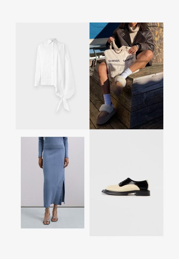White long-sleeve button-up shirt with an asymmetric oversized gathered sleeve tied at the wrist on the right side.; Woman wearing a blue knit midi skirt with side button slit and metallic ankle-strap high heel sandals on a plain background.; Two-tone lace-up shoe with a creamy beige leather front and glossy black leather back, featuring a thick black textured sole.; Beige tote bag with "SAMSOE" printed twice, tan slippers with white fur trim, white socks, and a brown shearling coat on a wooden surface.