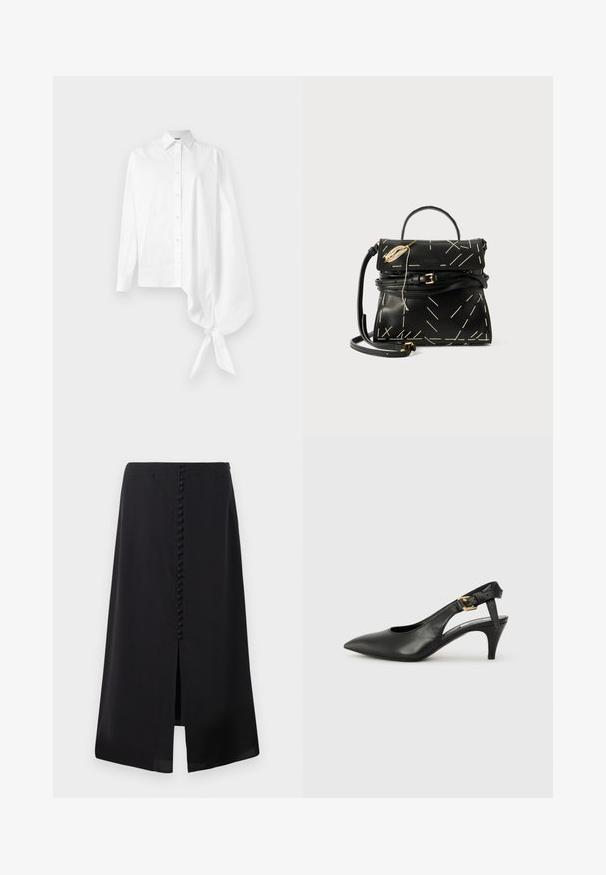 Weißes Langarmhemd mit Knopfleiste, das einen asymmetrischen, übergroßen, gerafften Ärmel aufweist, der am Handgelenk auf der rechten Seite gebunden ist.; Schwarzer Midirock aus glattem Material, mit einem Schlitz vorne und einer Reihe von kleinen Knöpfen auf der Rückseite für Details.; Schwarze Leder Slingback-Pumpe mit spitzem Absatz, kleinem Absatz und einer Schnalle am Knöchelriemen. Glatte Textur, minimalistisches Design.; Schwarze Lederhandtasche mit geometrischer weißer Naht, einem Tragegriff und einem abnehmbaren Schultergurt. Mit goldenen Akzenten und einem Reißverschluss.