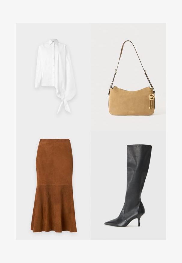 Vit långärmad skjorta med knappar och en asymmetrisk oversized sammanknuten ärm vid handleden på höger sida.; Brun mockakjol i midi-längd med en utsvängd nederdel, med en mjuk textur och sömdetaljer längs sidorna och baksidan.; Knähöga svarta läderstövlar med spetsig tå och smal stilettklack. Slät textur med en åtsittande design och sömnad vid övre kanten.; Tan mockasinaxelväska med en böjd form, guldhardware och dragkedjestängning. Har en fäst charm med inskriptionen "MK."