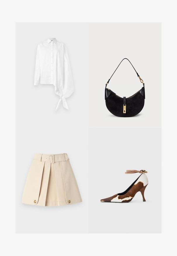 Cămașă albă cu mânecă lungă, cu nasturi, având o mânecă asimetrică supradimensionată, adunată și legată la încheietura mâinii pe partea dreaptă.; Fustă plisată bej cu talie ajustată, bucle late pentru curea și accente cu butoane pe margine. Construită dintr-un material neted și ușor.; Pantofii cu toc înalt, cu imprimeu de vacă maro și alb, au vârful ascuțit, o suprafață texturată și o curea pentru gleznă cu o cataramă de culoare maro deschis.; Geantă neagră cu o formă curbată, realizată din suede și piele, având un fermoar de culoare aurie și un detaliu cu logo. Include o mână scurtă.