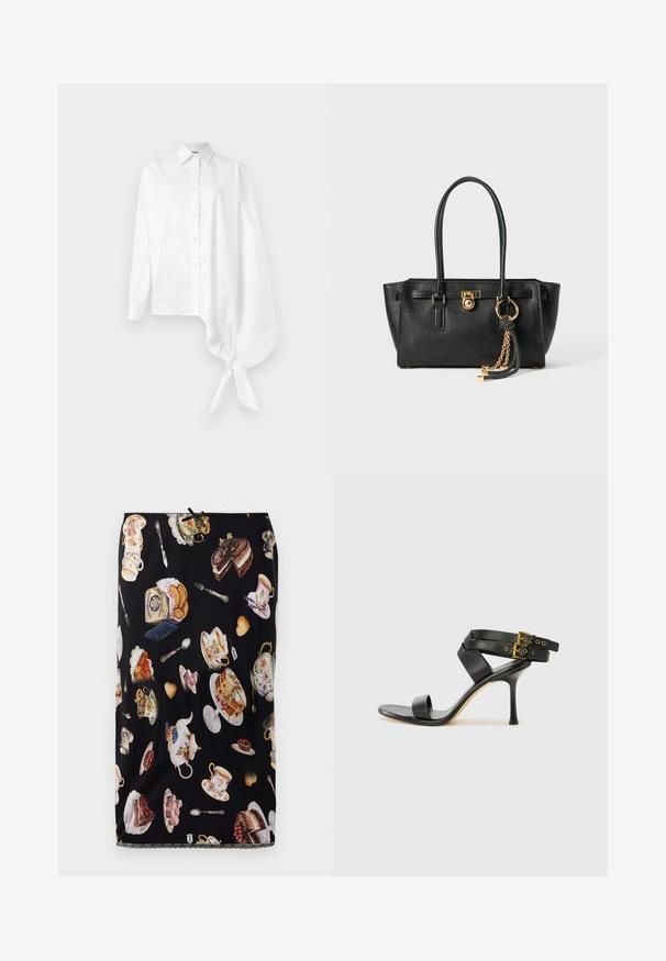 Balta ilga rankovėmis marškiniai su asimetriškos formos per dideliu surinktų rankovių dizainu, surištomis ties riešu dešinėje pusėje.; Juoda sijonas su arbatos puodelių, pyragiukų ir kepinių raštu, su išsamiais piešiniais ir dekoratyviu nėriniu.; Juodi kulniškų sandalai su kryžminėmis juostelėmis ir reguliuojamu sagtimi. Ypatybė – lygus paviršius ir siauras smailas kulnas.; Juoda odinė rankinė su dviem rankenomis, auksiniu užraktu ir grandinėlės detale, bei juodai baltu kutu prieš baltą foną.