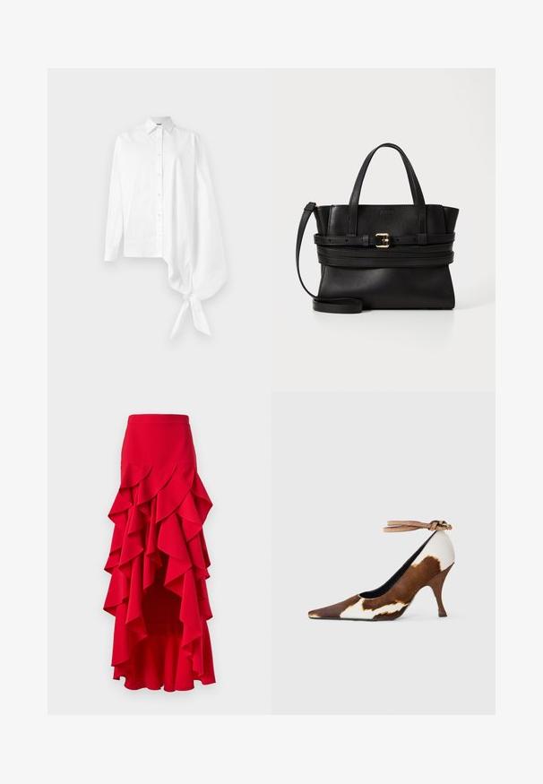 Weißes Langarmhemd mit Knopfleiste, das einen asymmetrischen, übergroßen, gerafften Ärmel aufweist, der am Handgelenk auf der rechten Seite gebunden ist.; Roter geraffter Rock mit asymmetrischem Saum. Verfügt über geschichtete Rüschen an der Taille und an den Seiten, aus einem glatten Stoff gefertigt. Elastischer Bund.; Braun-weiße Kuhfell-Muster High Heel Schuh mit spitzer Zehe, strukturierten Oberfläche und einem Knöchelriemen mit einer hellbraunen Schnalle.; Schwarze Lederhandtasche mit strukturiertem Design, doppelten Obergriffen, abnehmbarem Trageriemen und goldfarbener Schnallenakzent auf einem horizontalen Band.