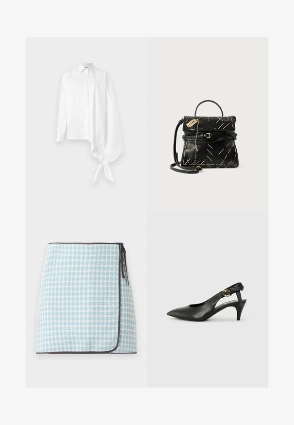 Fehér, hosszú ujjú gombos ing, aszimmetrikus, túlméretezett, ráncolt ujjal, amely a jobb oldalon a csuklónál van megkötve.; Világoskék és fehér kockás mintájú, puha tapintású wrap szoknya, kontrasztos sötét díszítéssel. Az oldalán megkötővel záródik.; Fekete bőr slingback szivattyú hegyes orral, kis sarokkal és csat részlettel a bokapánton. Simaság, minimalista dizájn.; Fekete bőr kézitáska geometriai fehér varrással, felső fogantyúval és levehető vállpánttal. Arany kiegészítők és cipzáras záródás jellemzi.