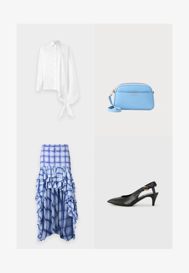 Weißes Langarmhemd mit Knopfleiste, das einen asymmetrischen, übergroßen, gerafften Ärmel aufweist, der am Handgelenk auf der rechten Seite gebunden ist.; Blau karierten Rock mit gestuften Rüschen, der verschiedene Blautöne und blau-weiße Karomuster aufweist. Leichter Stoff, knöchellanges Design.; Schwarze Leder Slingback-Pumpe mit spitzem Absatz, kleinem Absatz und einer Schnalle am Knöchelriemen. Glatte Textur, minimalistisches Design.; Hellblaues Leder-Crossbody-Bag mit goldfarbenen Beschlägen, Reißverschluss und einer Fronttasche. Verfügt über einen verstellbaren Riemen für zusätzlichen Komfort.