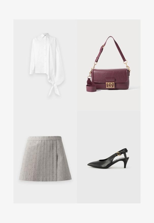 Valge pikakätiline nööpidega särk, millel on asümmeetriline, ülevõetud varrukas, sidunud paremal küljel randme ümber.; Hallhalline plisseeritud seelik, mis on valmistatud tekstuuriga kangast ja millel on vertikaalsed triibud ning väiksed ühtlaselt jaotatud dekoratiivsed aktsendid.; Must musträkkidega must nahast slingback-kontsaking, millel on terav nina, väike konts ja pandla detail pahkluu rihmal. Sile tekstuur, minimalistlik disain.; Tume lilla nahast õlakott kuldsete südamekujuliste klamber ja reguleeritava ülemise rihmaga valgel taustal.
